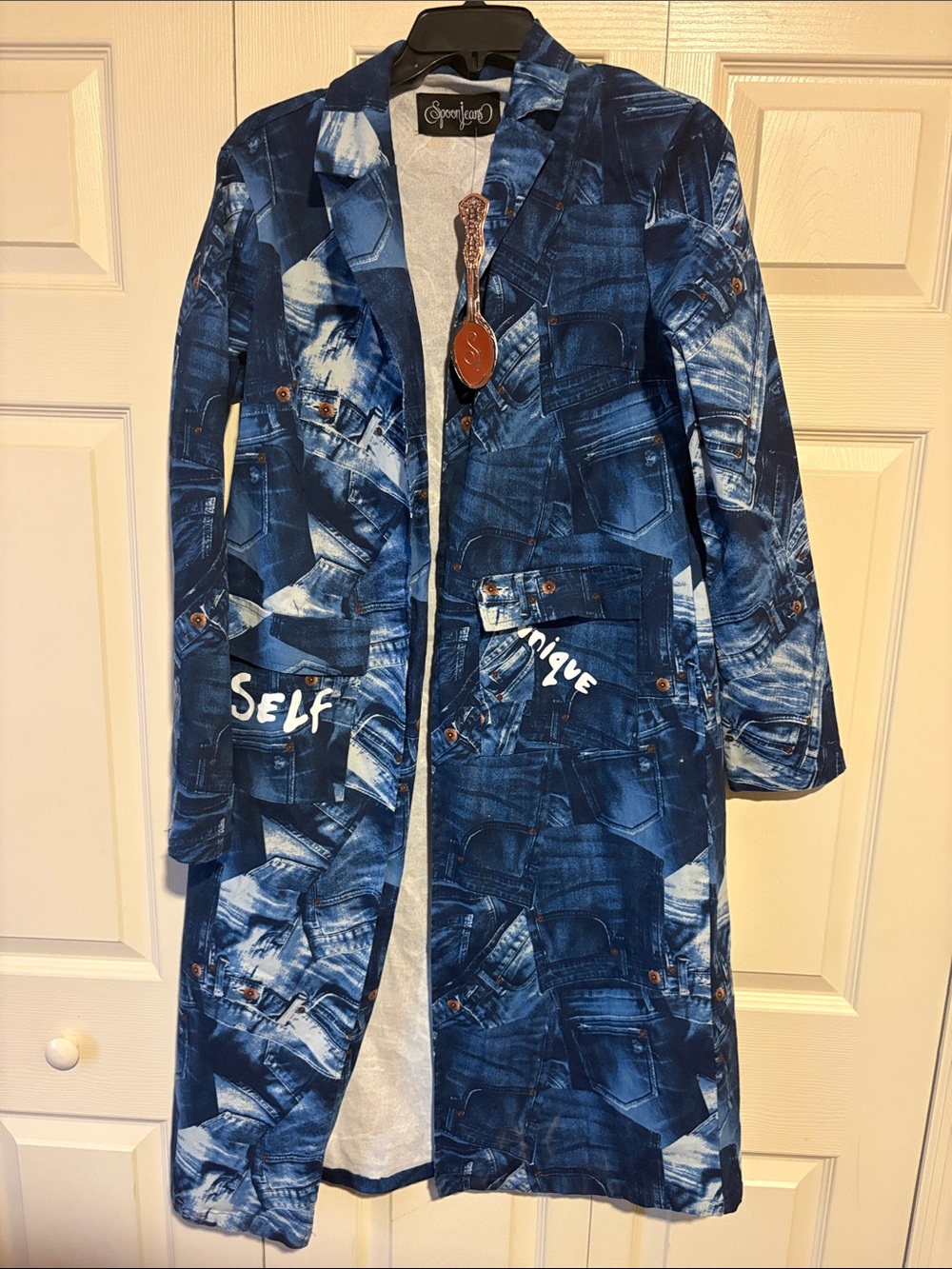 Spoon Jeans Women's Blue Denim-Print Trench Coat